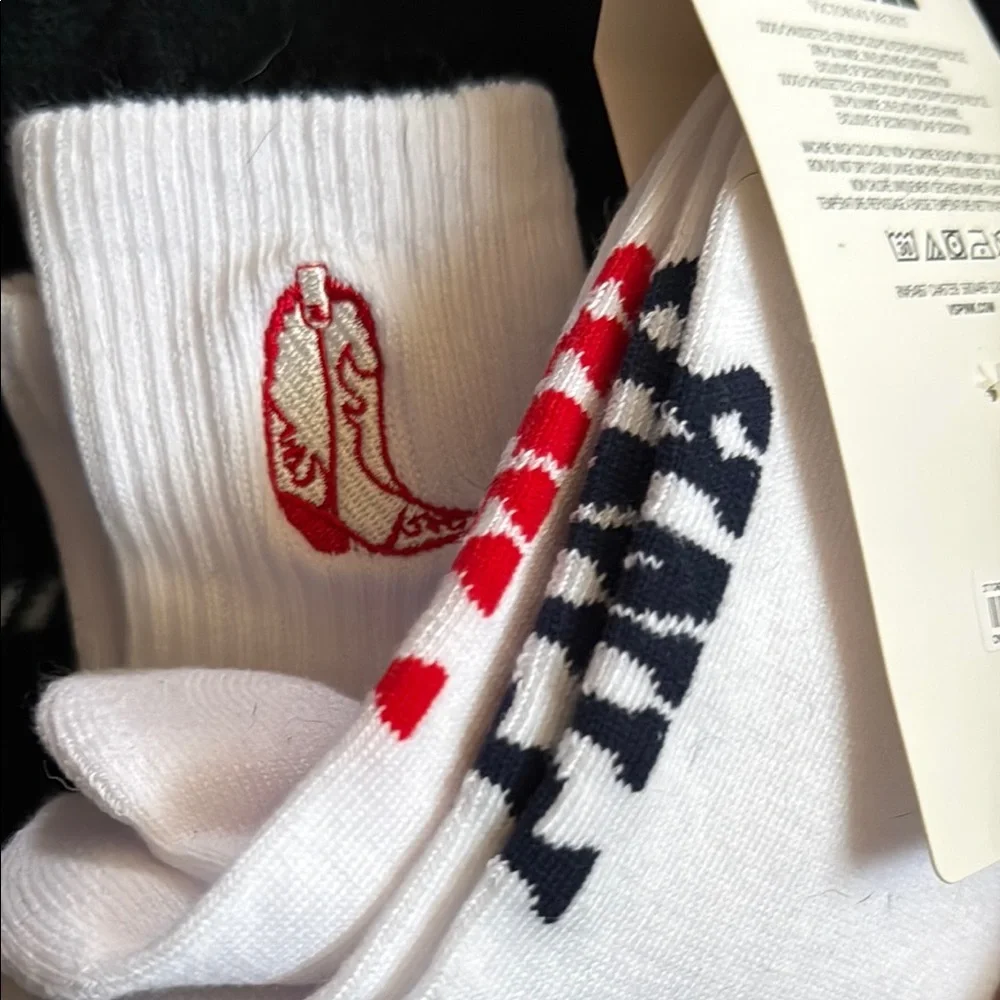 PINK Victoria's Secret White 2 pk Crew Socks GIDDY UP & Cowgirl Boots!